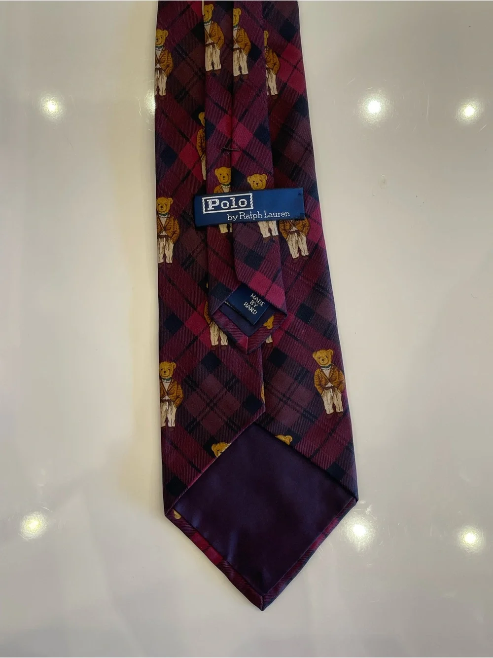 Vtg Polo Ralph Lauren Polo Bear Silk Tie Plaid Burgundy Purple Blazer Rare